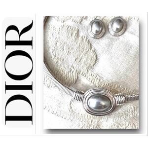 Christian Dior VTG 80s Silver Tone Choker & Earrings Set with Dior Gift Box